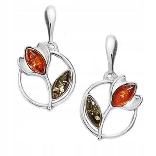 Náušnice Tulipány na tyčinku ze stříbra s Přírodním Jantarem, stříbrné