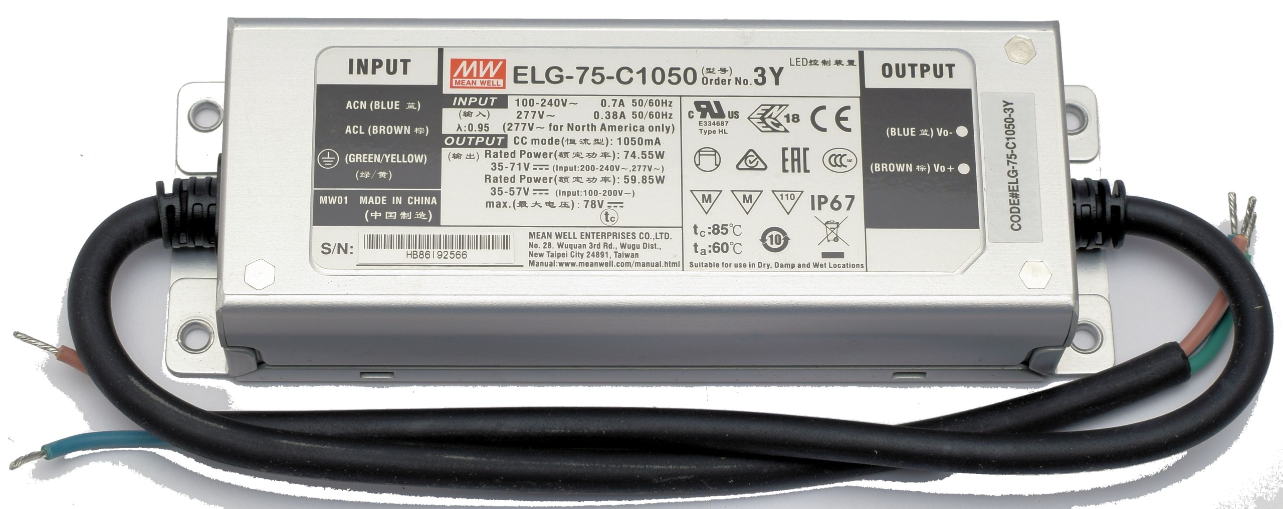 Led napájecí zdroj Mean Well 1,05A 35-71V s Pfc ELG-75-C1050-3Y