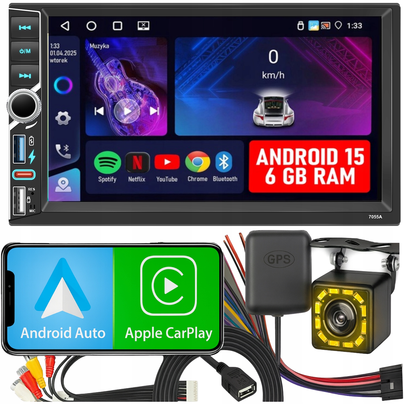 Autorádio 2 Din 6GB Ram Android Auto Carplay Android 15 Rds Dsp 7"