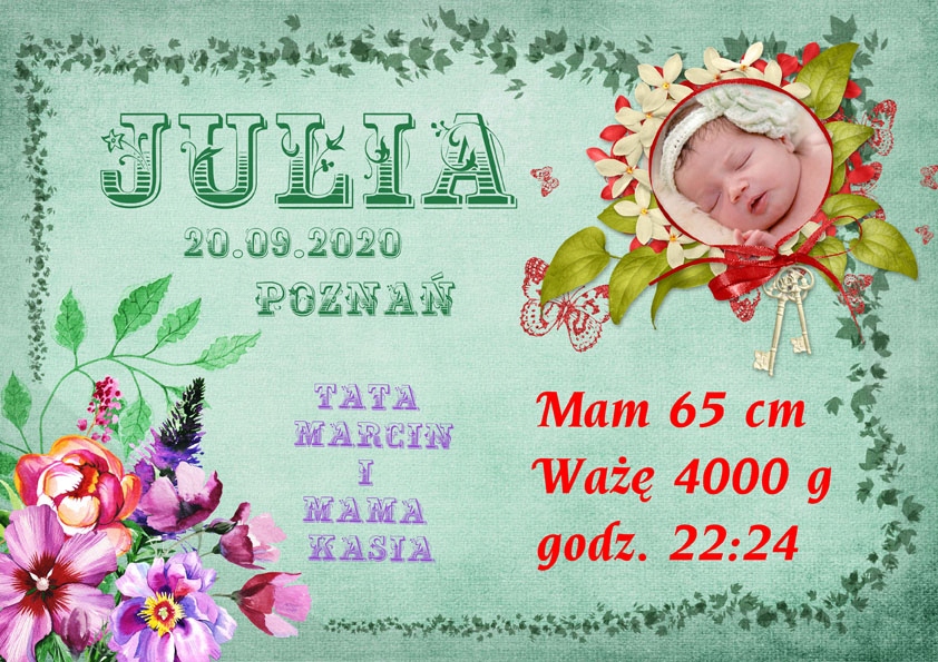 METRYCZKA pamiątka narodzin ze zdjęciem dziecka w antyramie