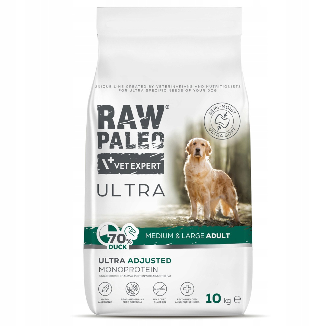 Raw Paleo Ultra M/L Adult 10 kg Polovlhké suché Krmivo pro psy s kachnou
