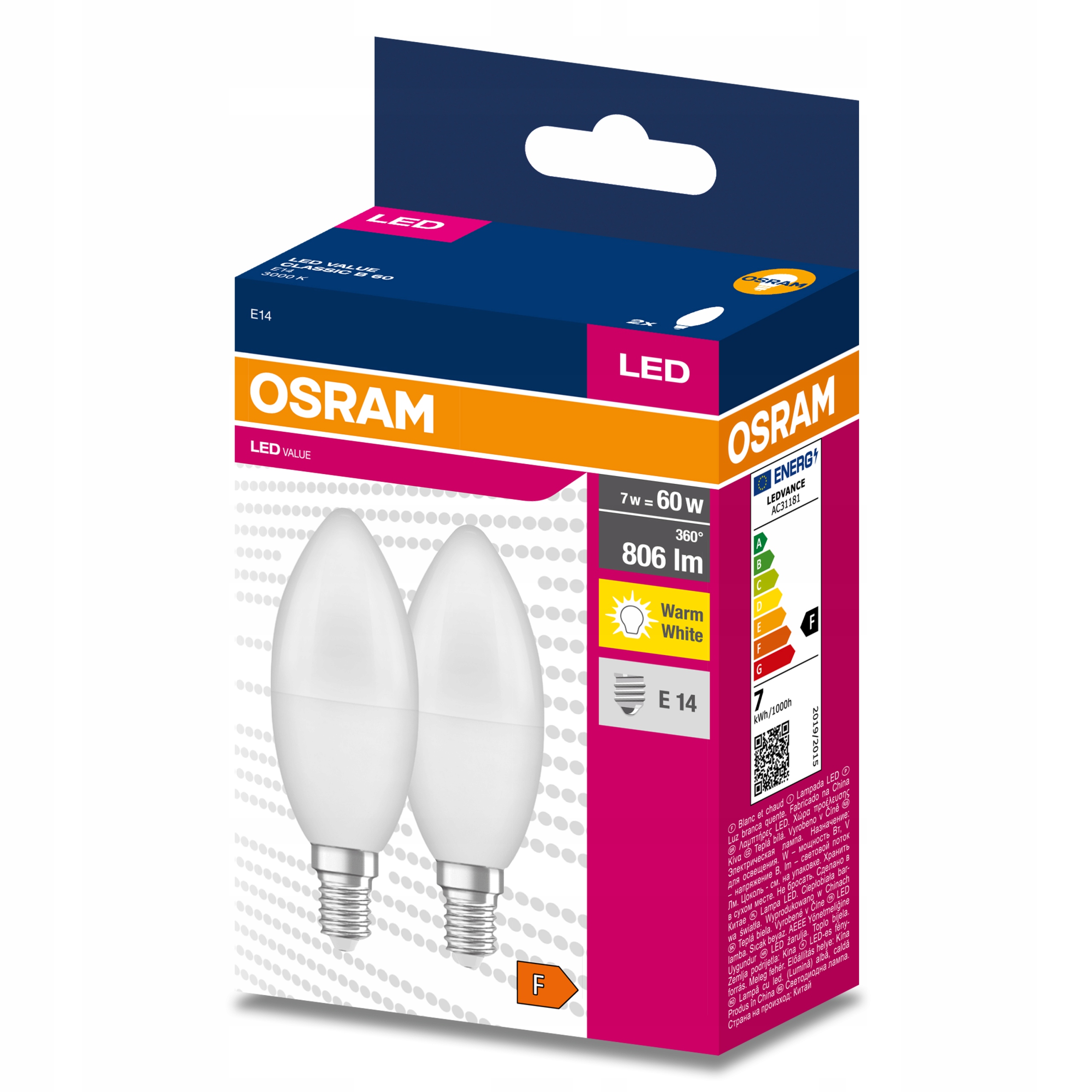 

2x Żarówka Led E14 Świeca 7W 60W 3000K Osram