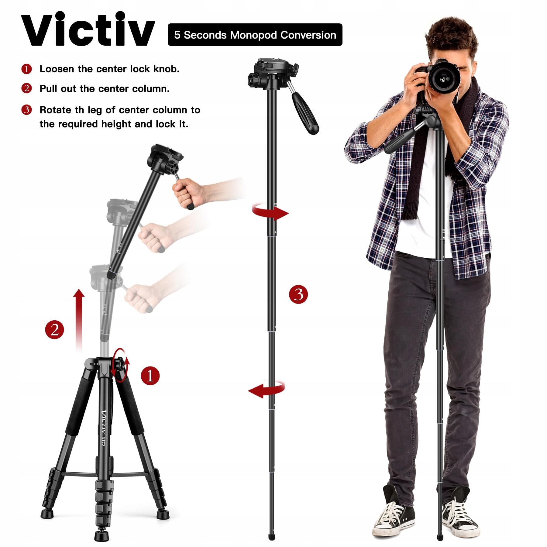 VICTIV Statyw Kamera 182 cm Aluminiowy Monopod Tripod z Głowicą Kulową — miniatura 5