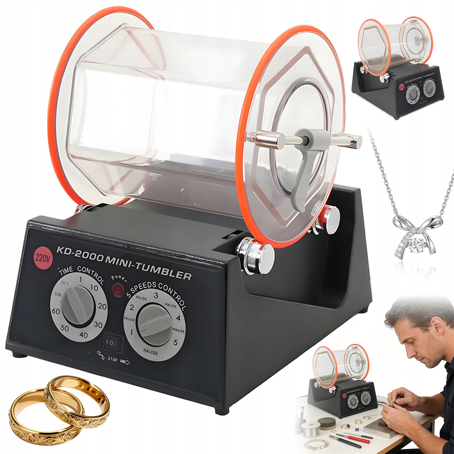 60W Rotary Tumbler Leštička Na Povrchy Šperky 5 Rychlostí S Časovačem