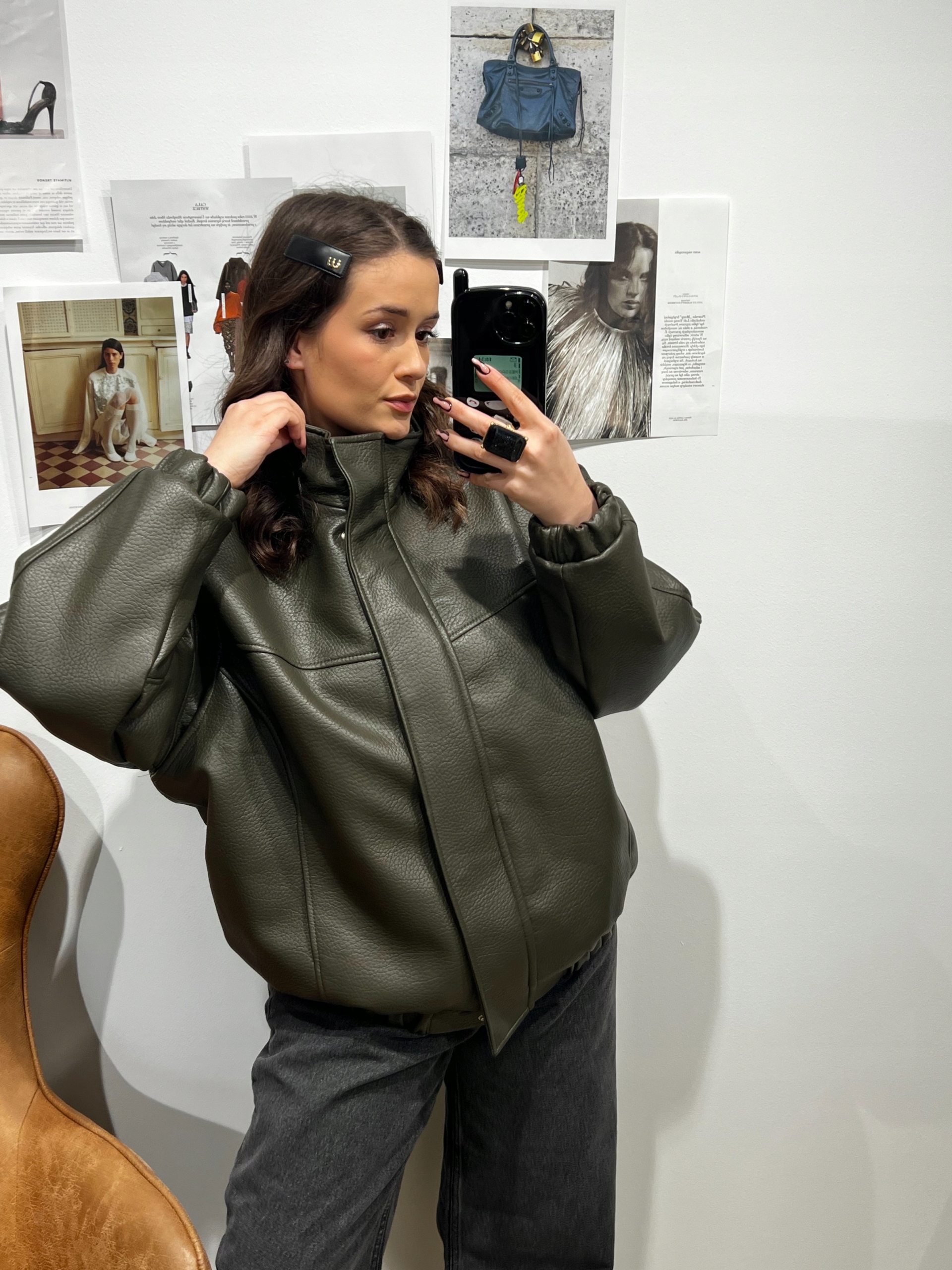 La Milla Dlouhá Bunda Bomber Eko Kůže Zateplená Khaki