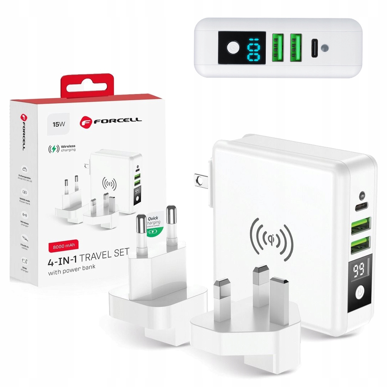 Wielofunkcyjna Szybka Ładowarka 2xUSB Usb-c Powerbank 8000mAh Indukcja