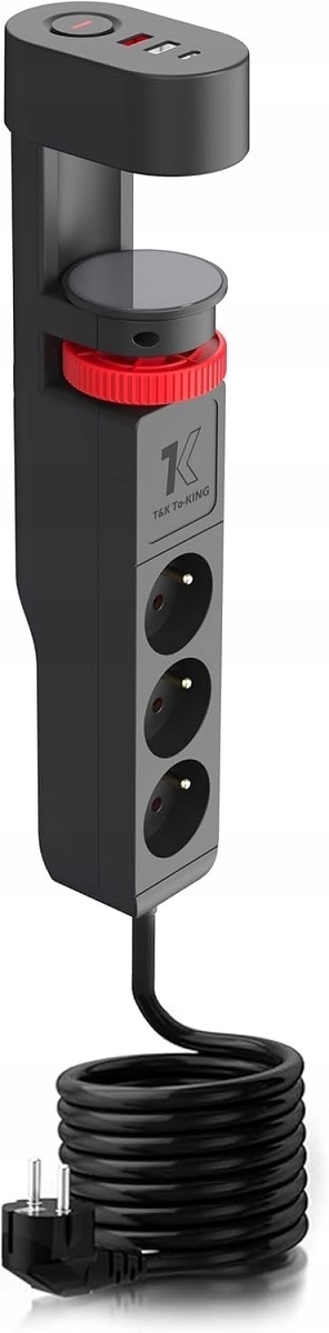 T&k To-king Listwa Zasilająca 3 Gniazdowa 2x Usb 1x Usb-c Biurowa Klips