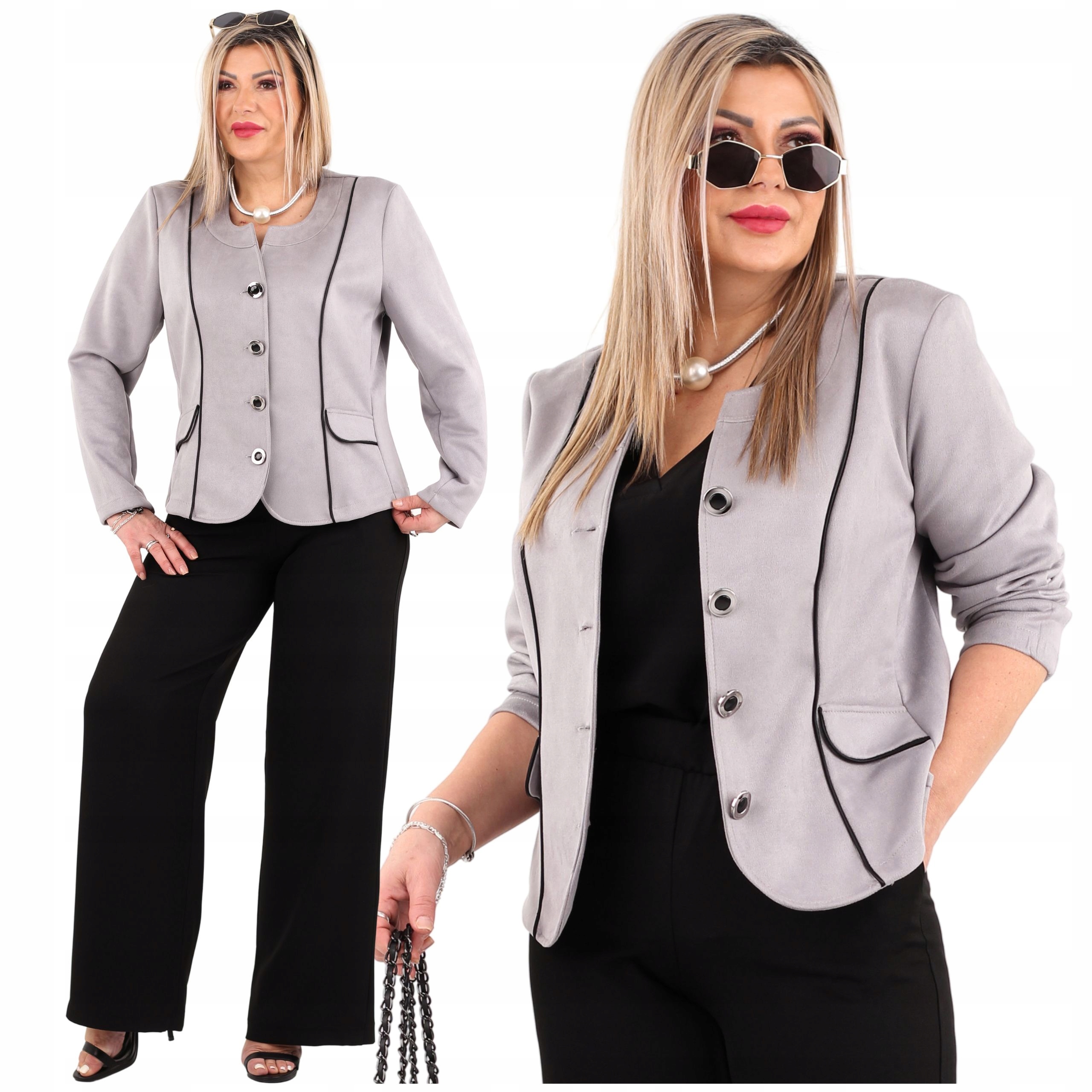 Żakiet zamszowy z lamówką Polski Producent duże rozmiary krótki