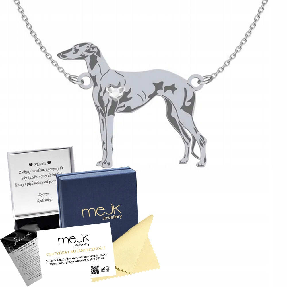 Stříbrný náhrdelník se psem Španělský chrt 925 Dárek Žena Gravírování Bonus