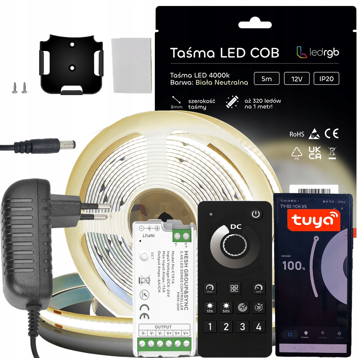 Sada Led pásků Cob 12V 5 m Bílá N. 4000K Napájecí Zdroj Tuya Bt Zóny Dálkový Ovladač