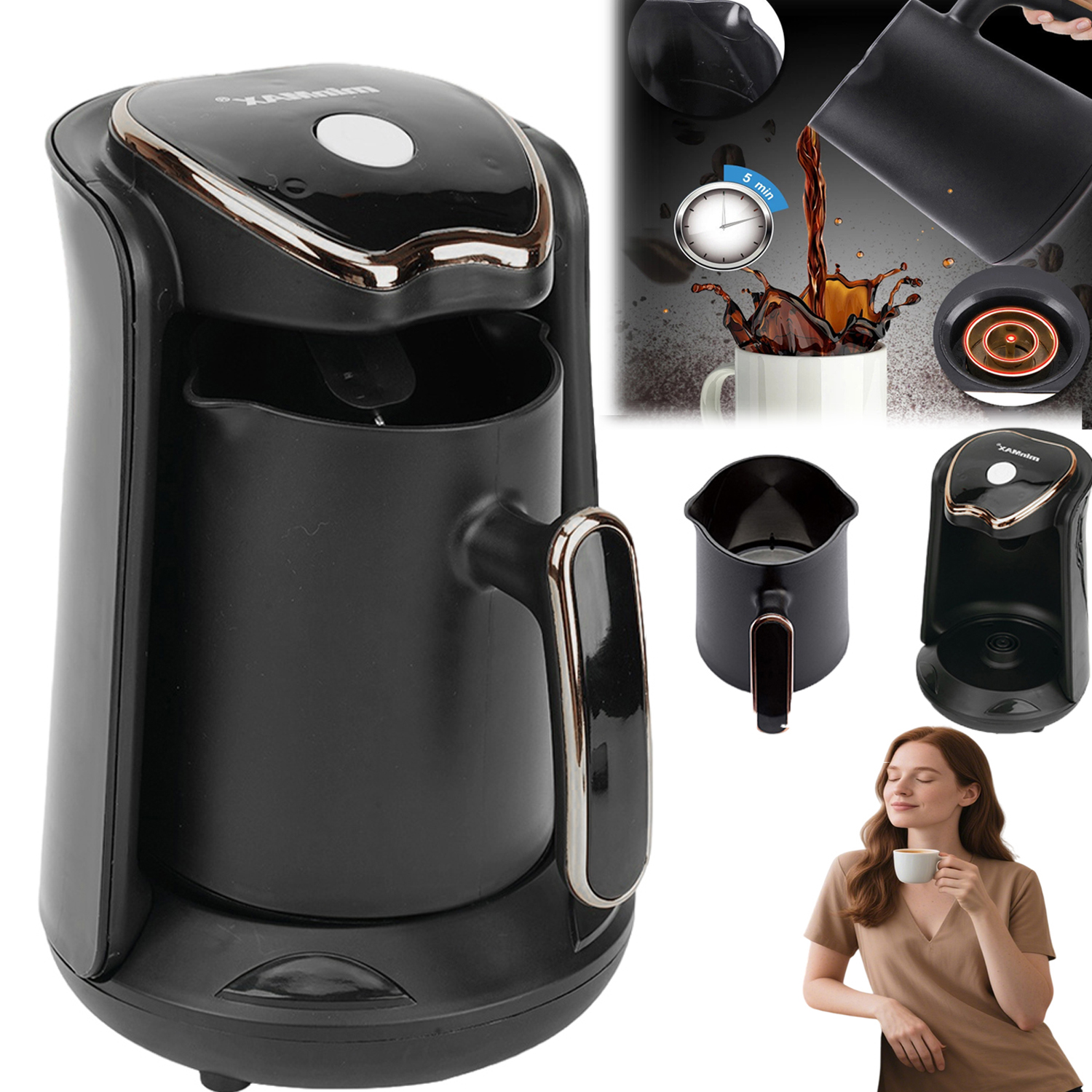 Kávovar na tureckou kávu s protiskluzovou základnou a ohřevem 220V-240V Černý