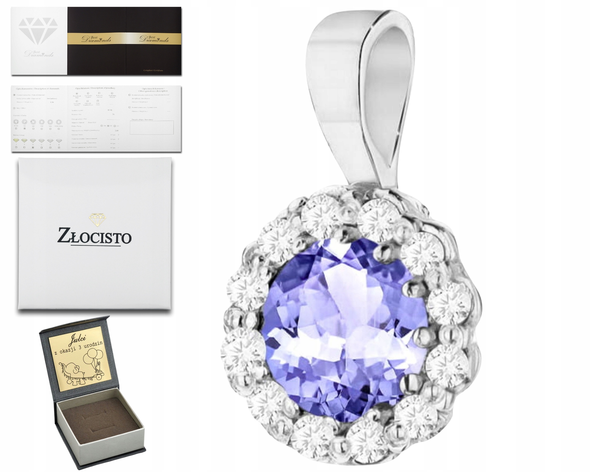 Přívěšek S Tanzanitem A Diamanty, Zlato 585, Dárek Dárkový Gravírování