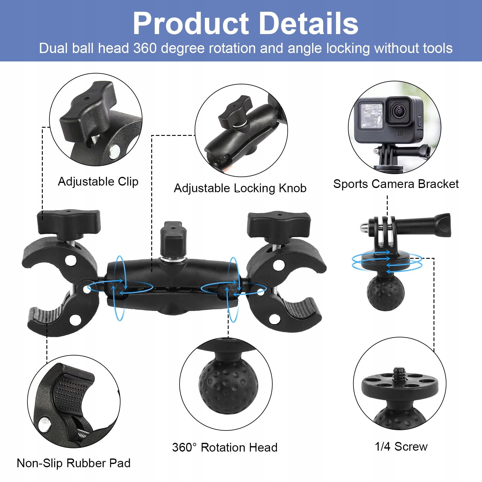 Uchwyt Kamery Podwójna Klamra 1 4 Cala Do GoPro Statyw Rower HFDONGL — miniatura 3