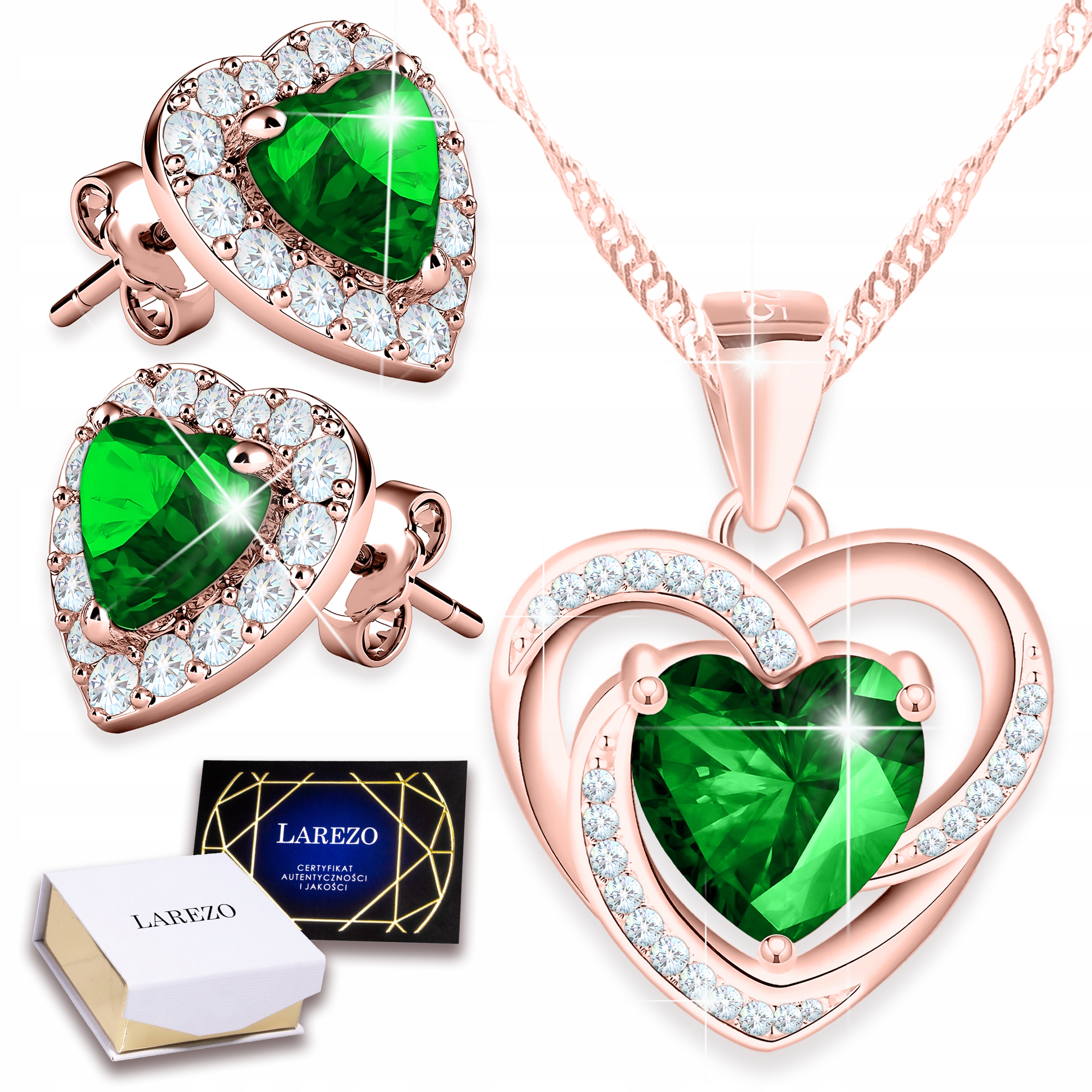 Sada šperků Pozlacený náhrdelník a Náušnice Zelené srdce Srdíčka