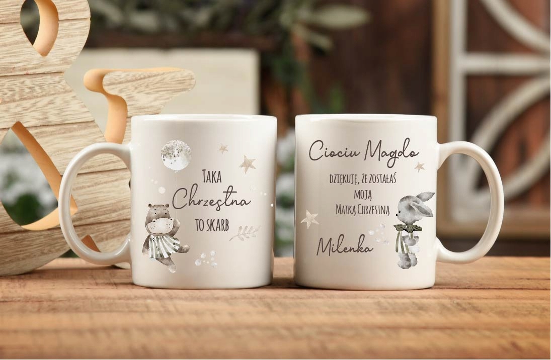 Kubek CHRZEST podziękowanie dla CHRZESTNYCH boho CHRZEST UPOMINEK w1 Pojemność 330 ml