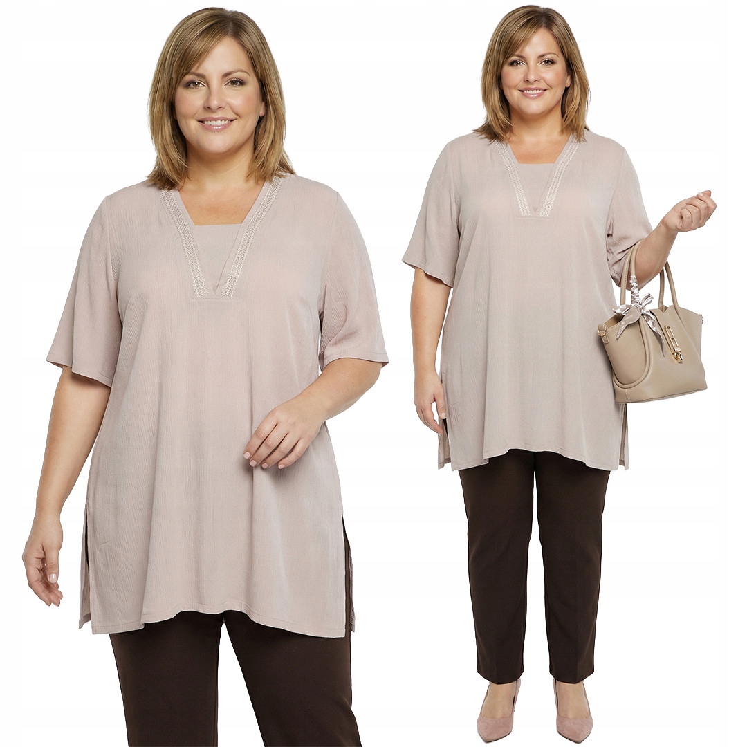 Béžová tunika se zlatou výšivkou u výstřihu plus size velikost 54