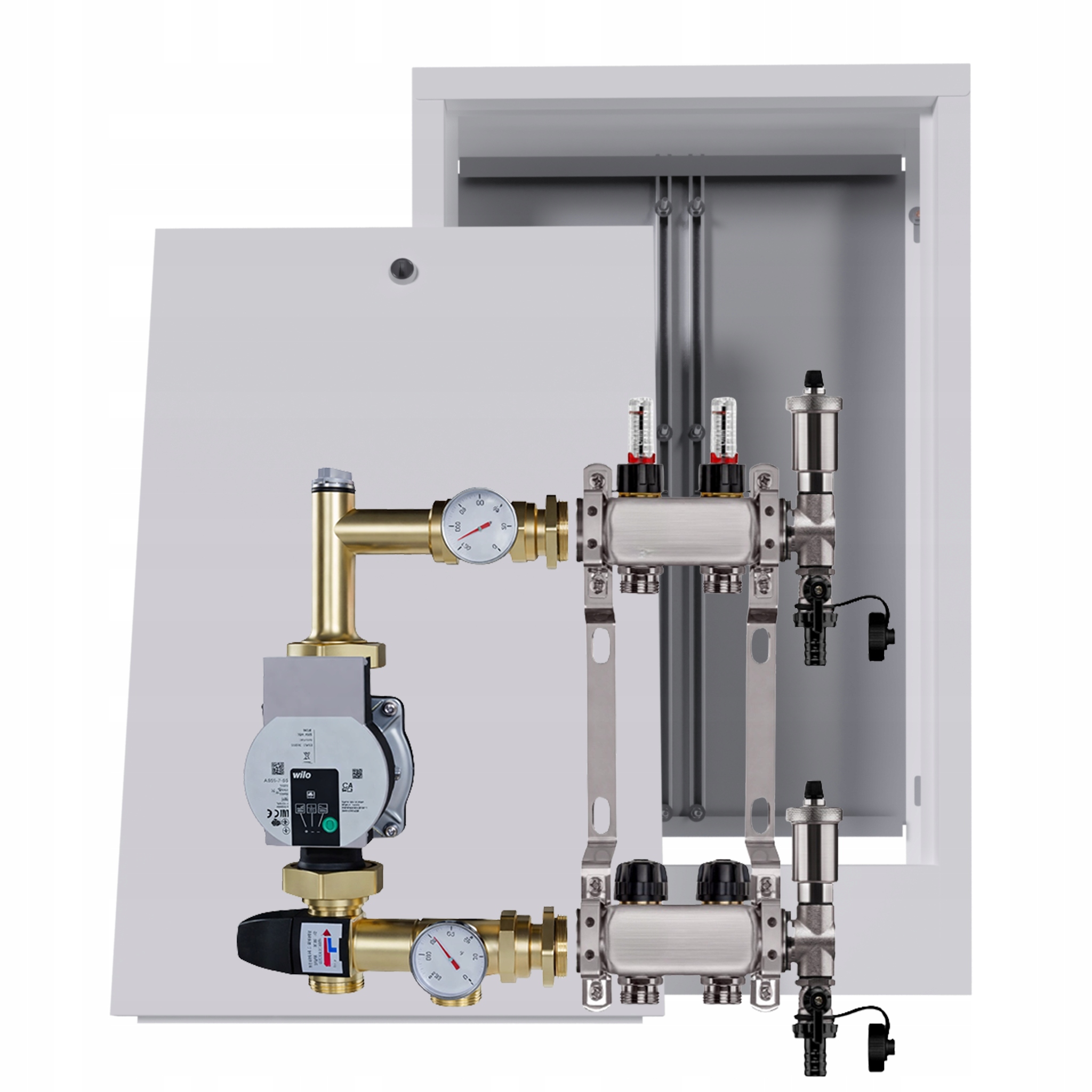 Nerezový rozdělovač pro podlahovku 2 s nástěnným boxem Pumpa Wilo