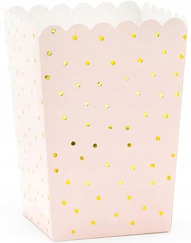 PUDEŁKA na popcorn RÓŻOWE J grochy ZŁOTE kropki x6