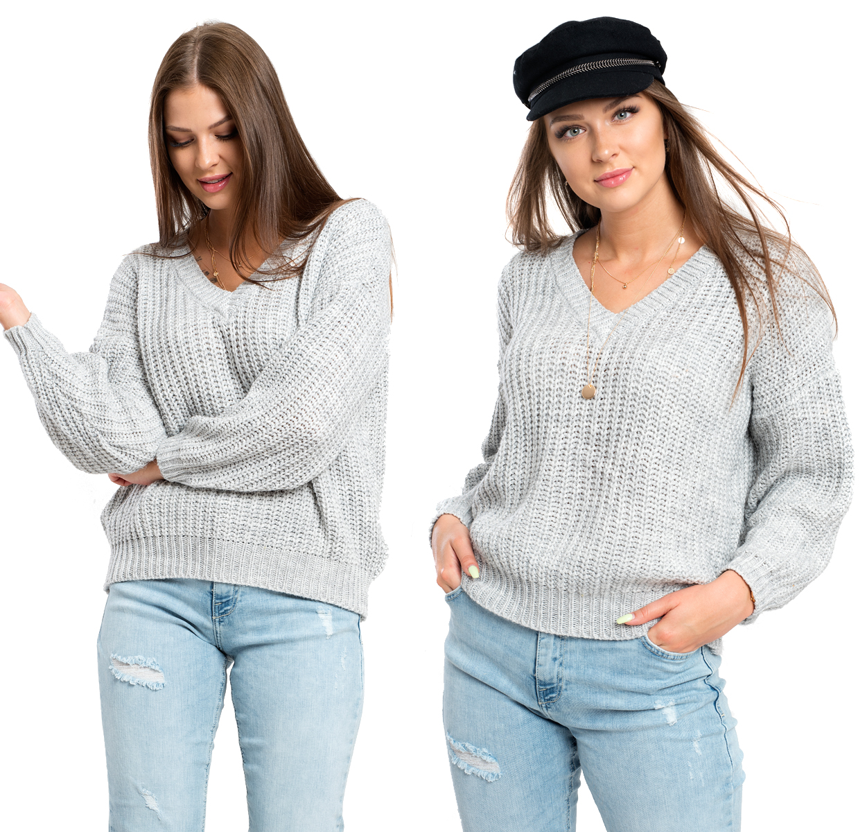 

Oreo Perłowy Sweter Oversize Z Głębokim Dekoltem V