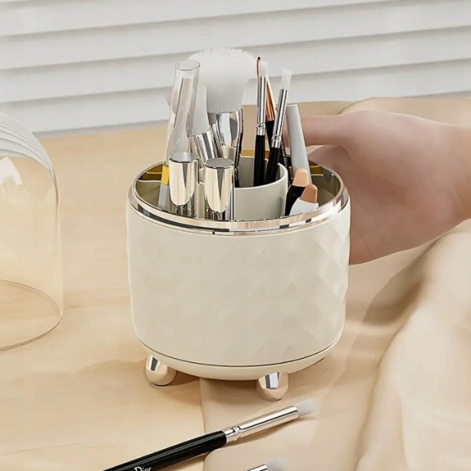 Organizer OBROTOWY PĘDZLE Kosmetyki Higieniczny AESTHETIC Kremowy 360° Wysokość 22 cm