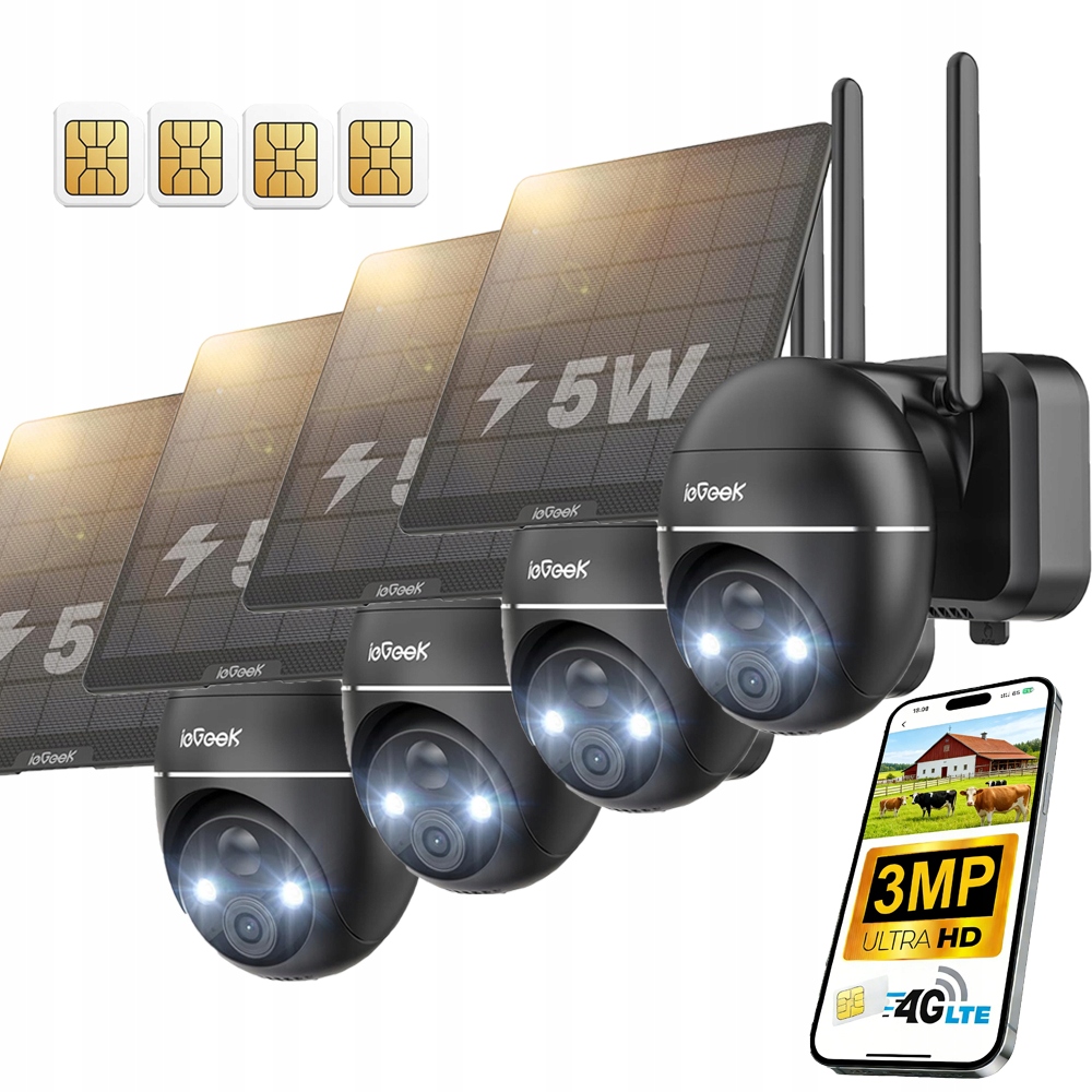 4 kusy Venkovní solární kamera 2K 3MPX Sim karta 4G Lte Otočná Pir