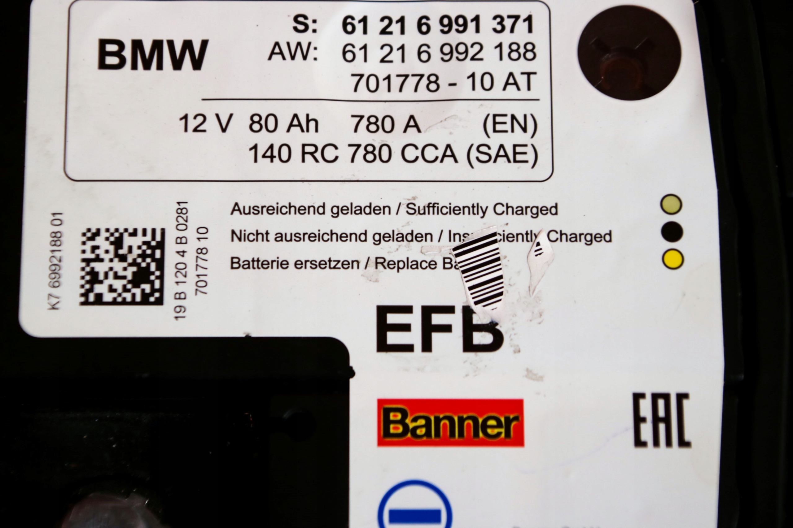 BMW Original AKUMULATOR EFB 80Ah 780A 2019 r.