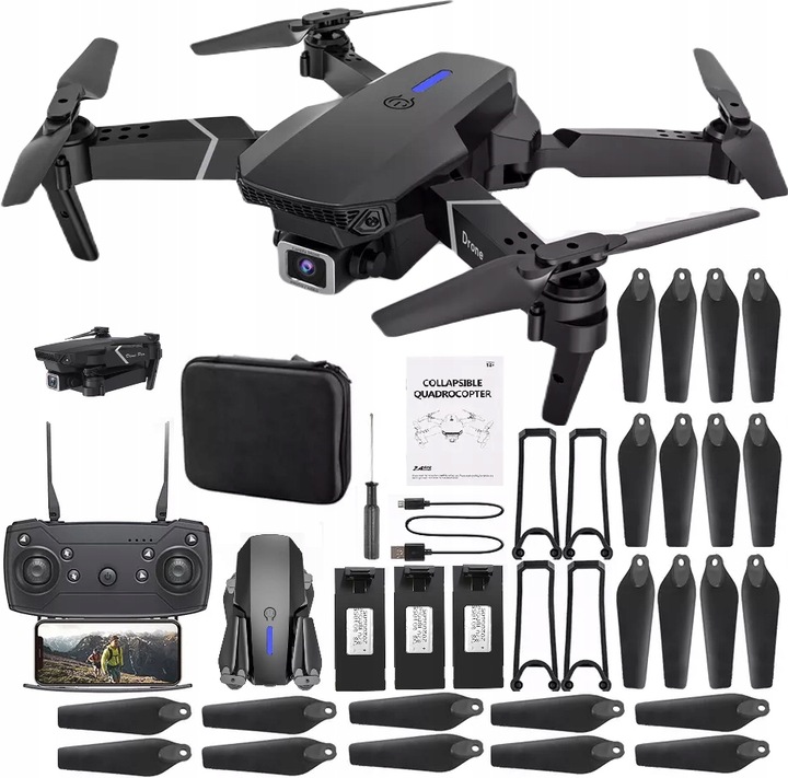 Dron E99 Pro 4K Hd WiFi Etui 2 Kamery Led 3 Akumulatory 1800 mAh