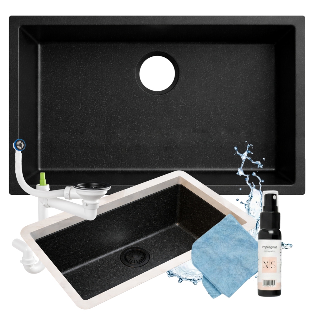 Granitový Závesný Drez Čierny Škvrnitý 76x46 cm XXL Set