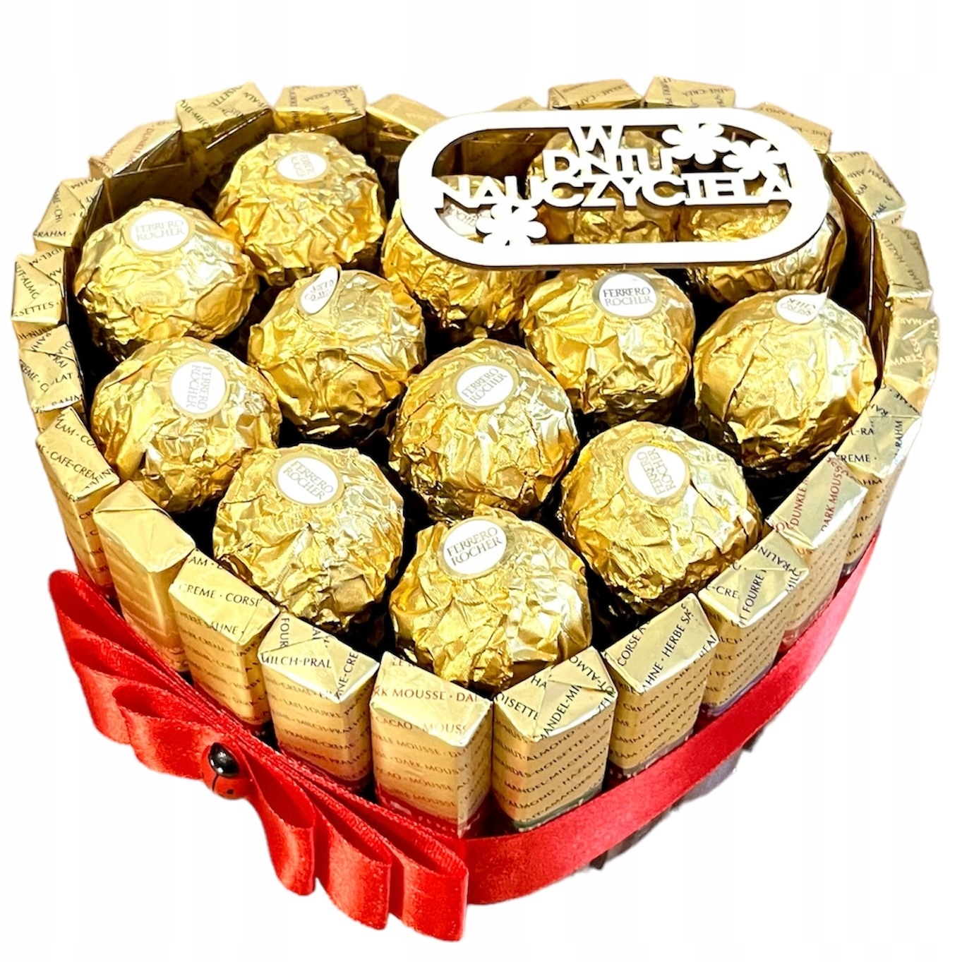 mini tort serce z Merci i Ferrero na Dzień Nauczyciela napis
