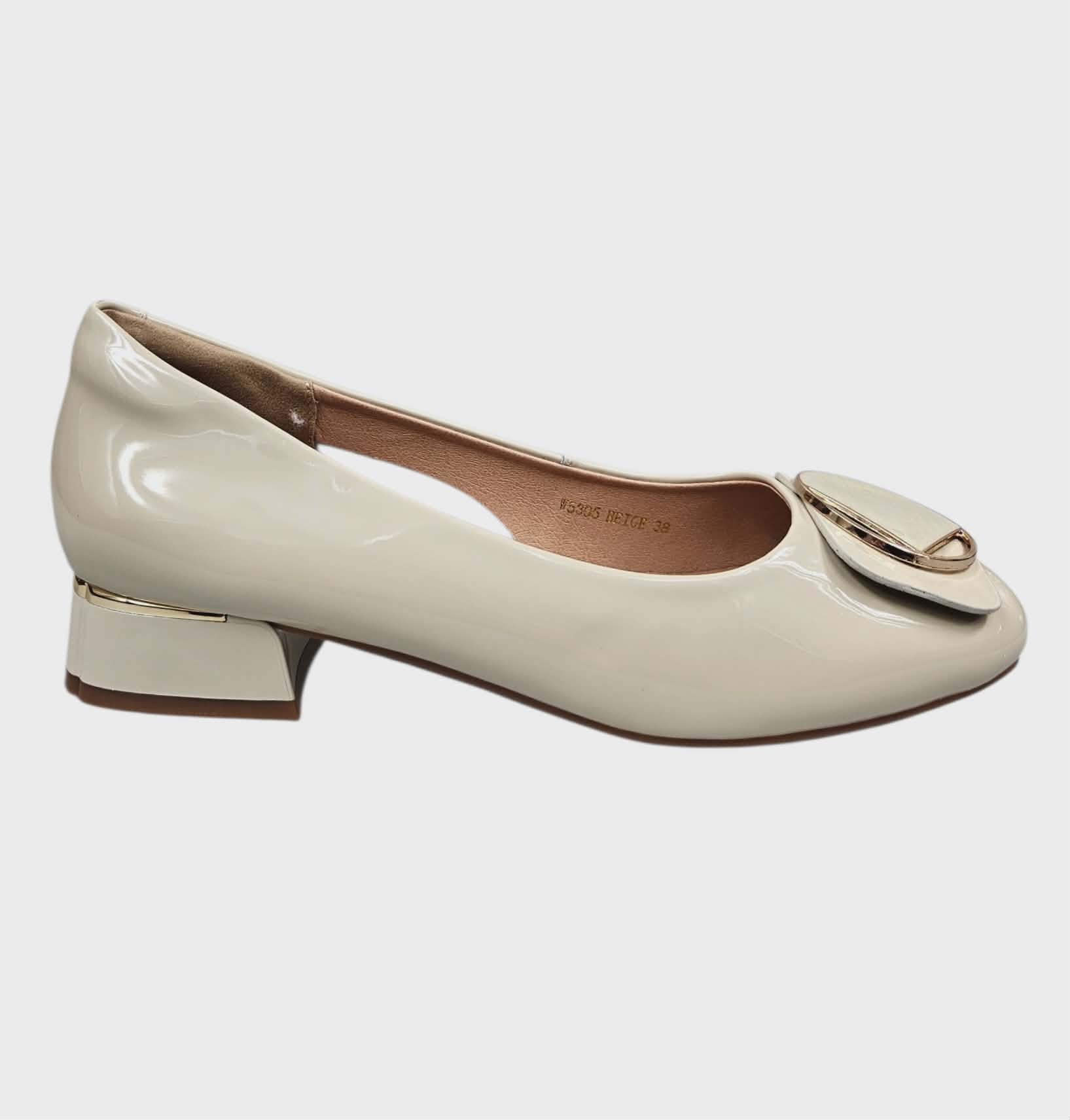 Kožené Lodičky Nízký Podpatek Pohodlné Loretta Vitale W5305 Béžový Lak vel.38
