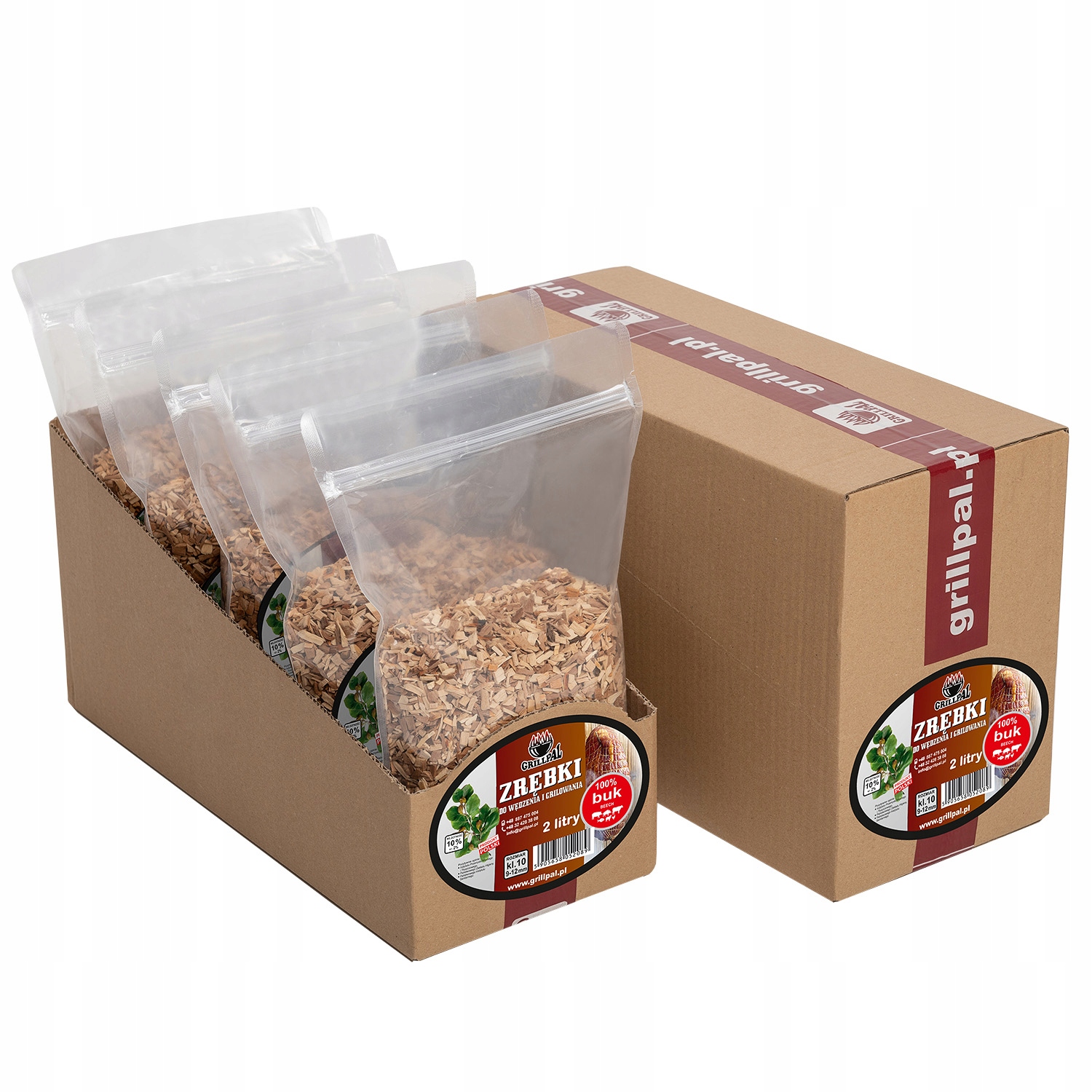 Zrębki Wędzarnicze Suche 100% BUK 10 Litr (5x2L), Kl 10 Atest GRILLPAL Stan opakowania zastępcze
