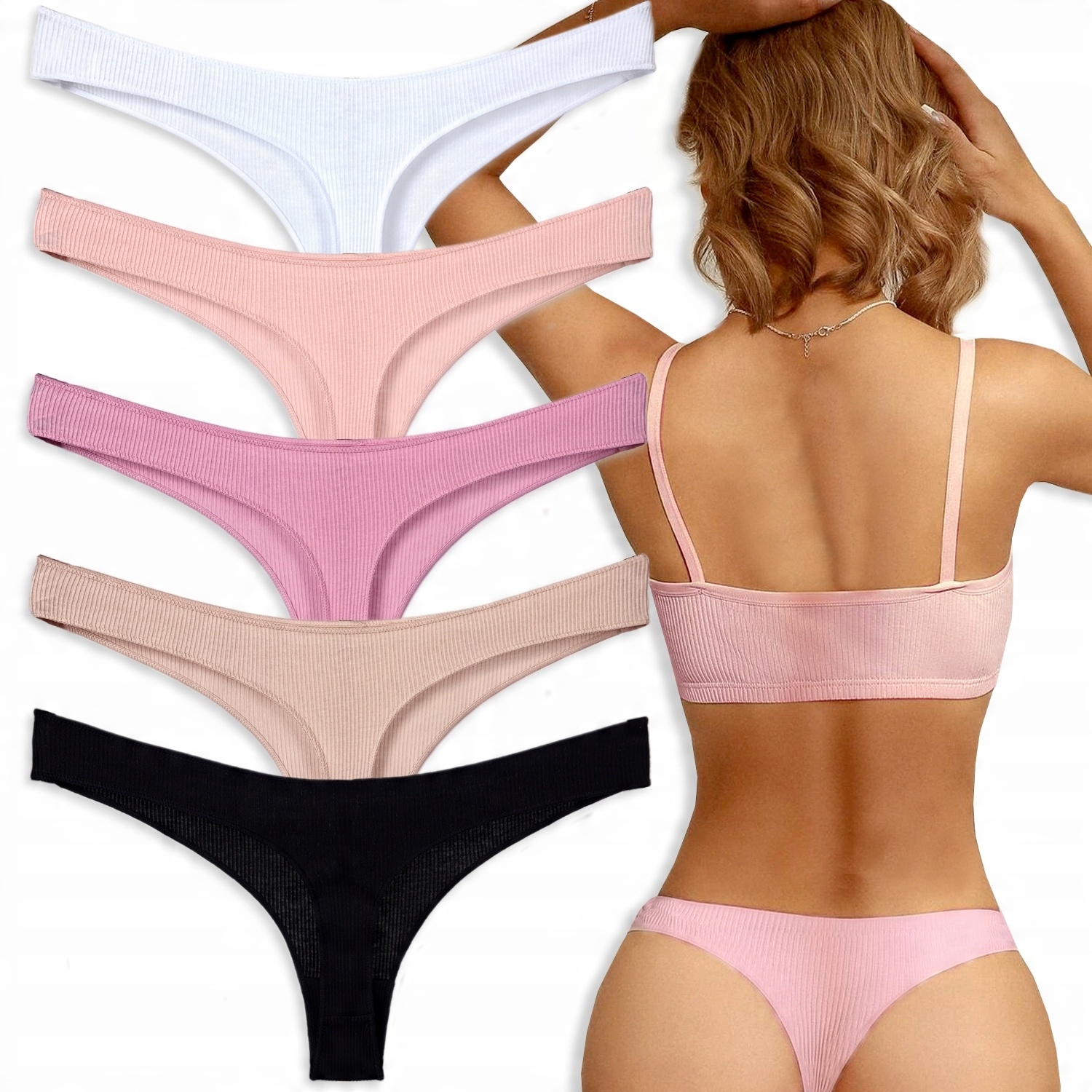 

5x Stringi Bezszwowe Bawełniane Majtki Prążek S/m