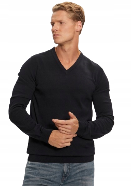 Hugo Pánský Modrý Svetr S Výstřihem Do V, Hladký, Vlněný, S Jxb