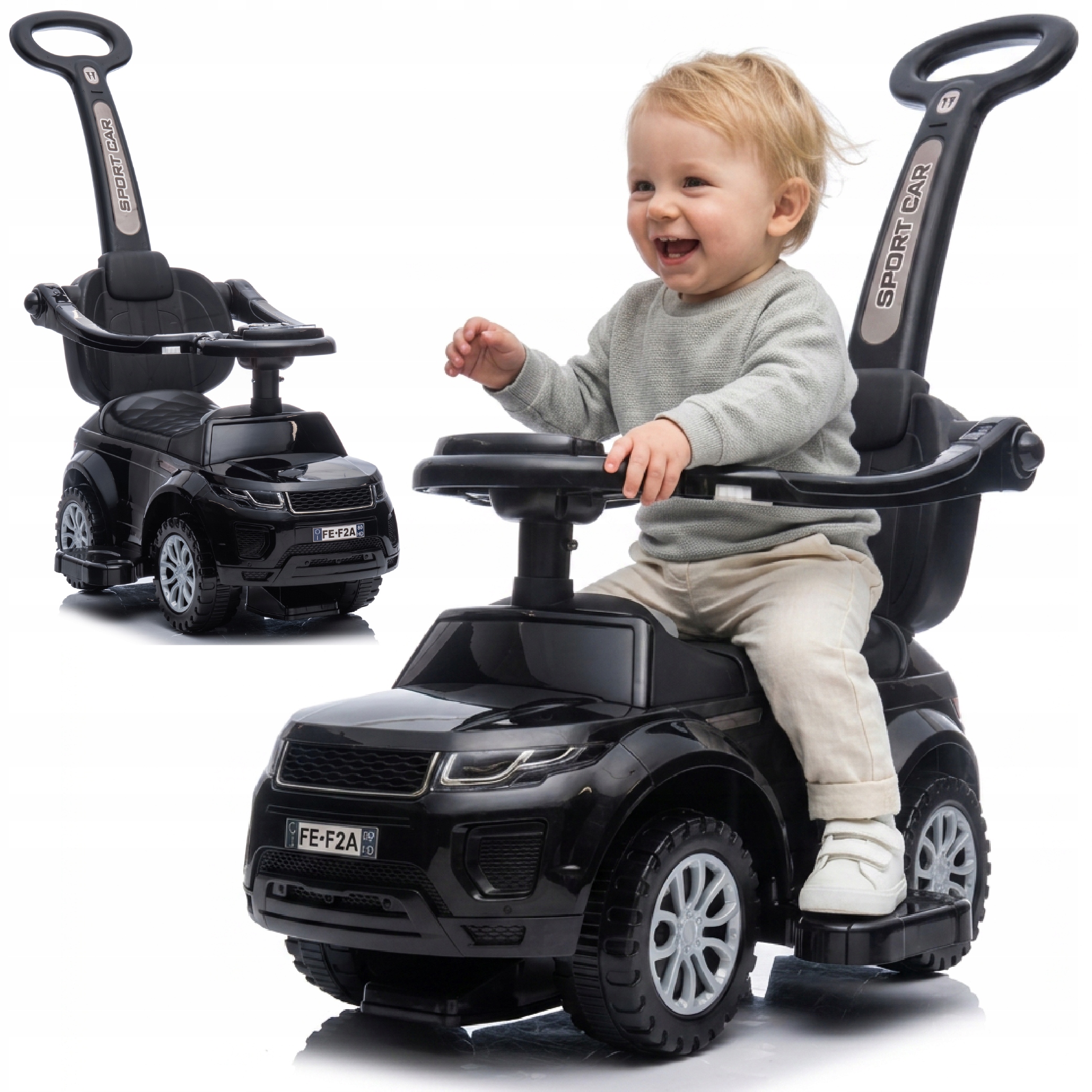 Jeździk pchacz chodzik dla dziecka z rączką i obejmą Sport car czarny
