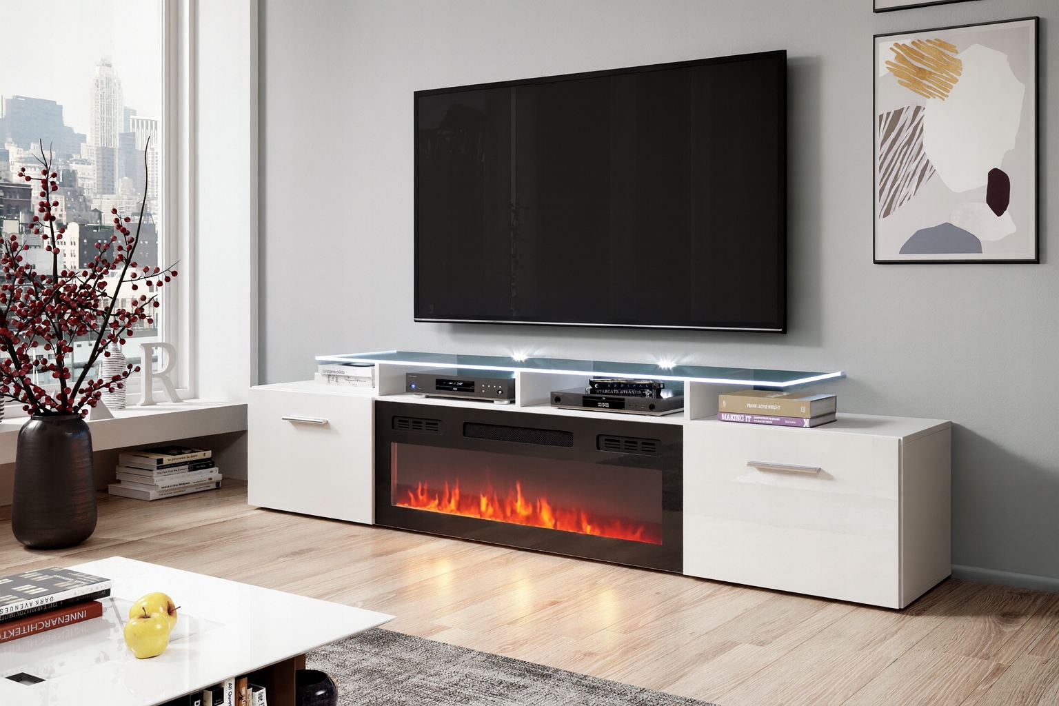 Szafka RTV ROVA EF 190 cm z czarnym kominkiem elektrycznym biała połysk LED