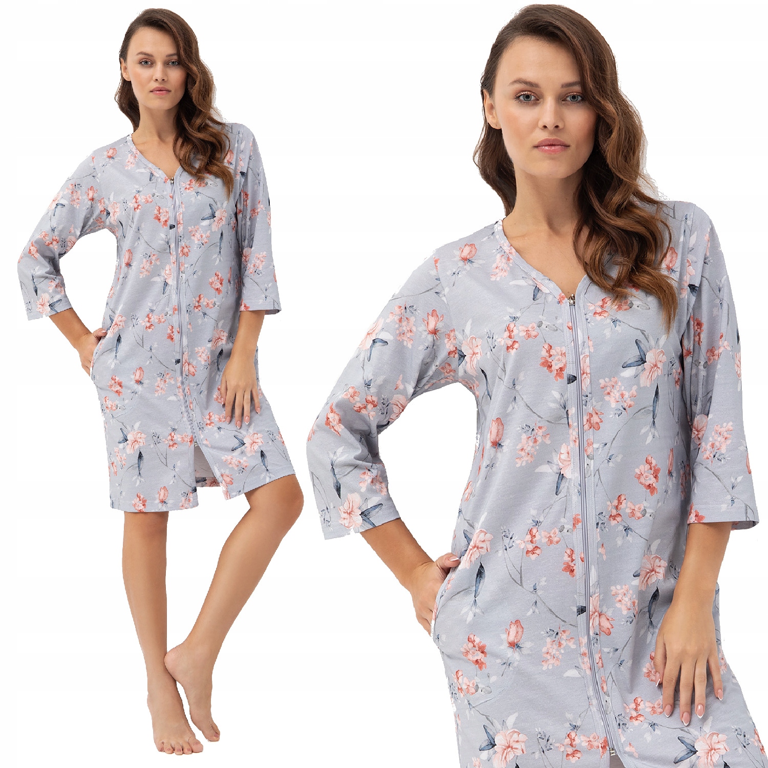 Dámský župan Luna kód 392 šedý, růžové květy 4XL