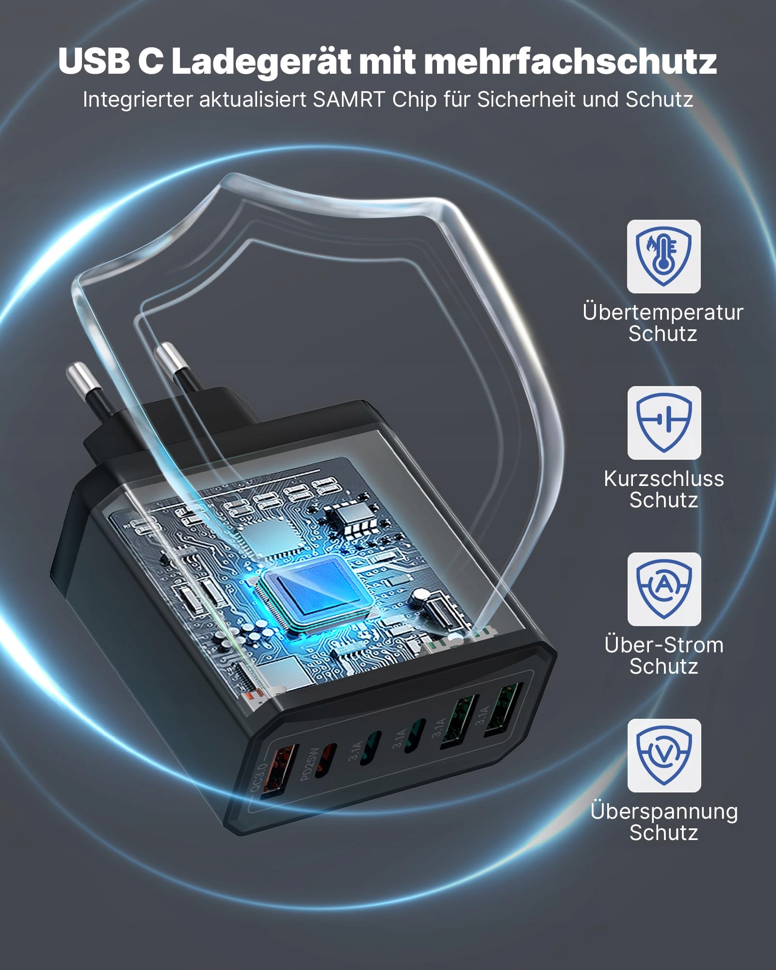 Ładowarka USB C, 6 portów USB C, zasilacz 40 W — miniatura 4