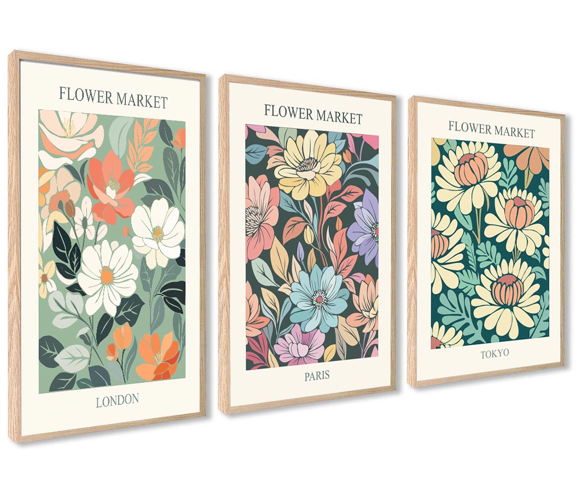 Obrazki na ścianę Plakaty z Ramami Kwiaty Beż Kolorowe Flower Market