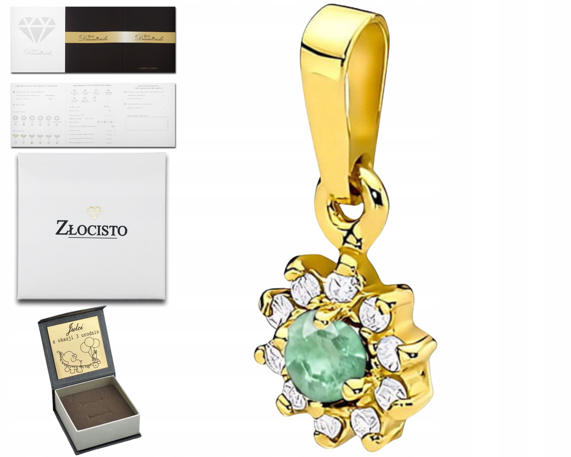 Zlatý Přívěsek Přírodní Kámen Zelený Smaragd Diamanty Zlato 585 14K