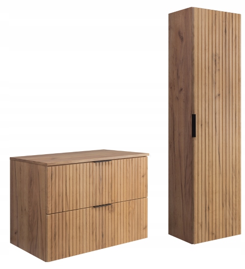 Skříňka Koupelnová závěsná sada pod umyvadlo Dub 80 Sloupek Rýhovaný přední