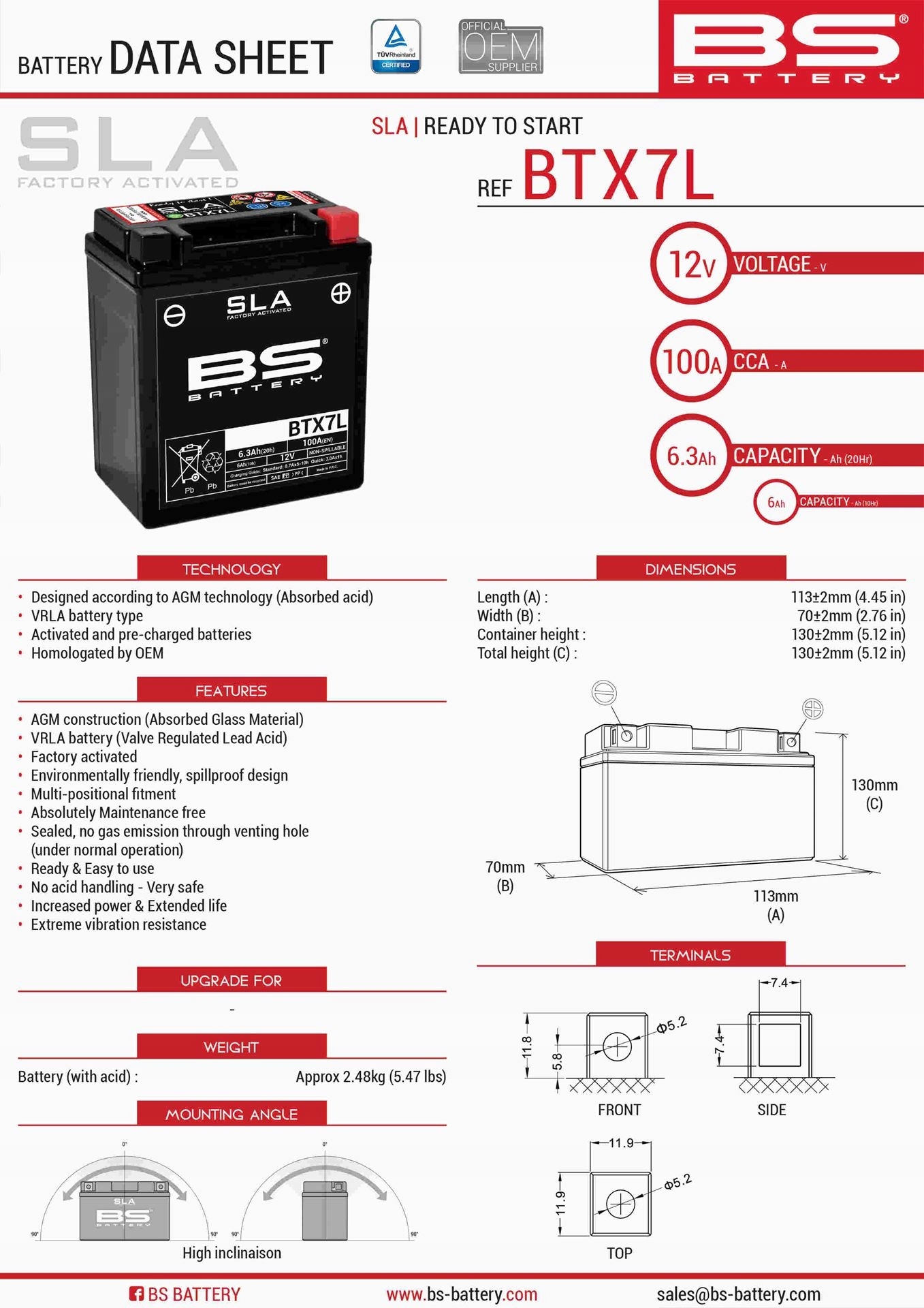 Bs Batéria BTX7L (fa) (YTX7L-BS) 12V 6AH 113X70X130 Bezobs Lužový Zalan