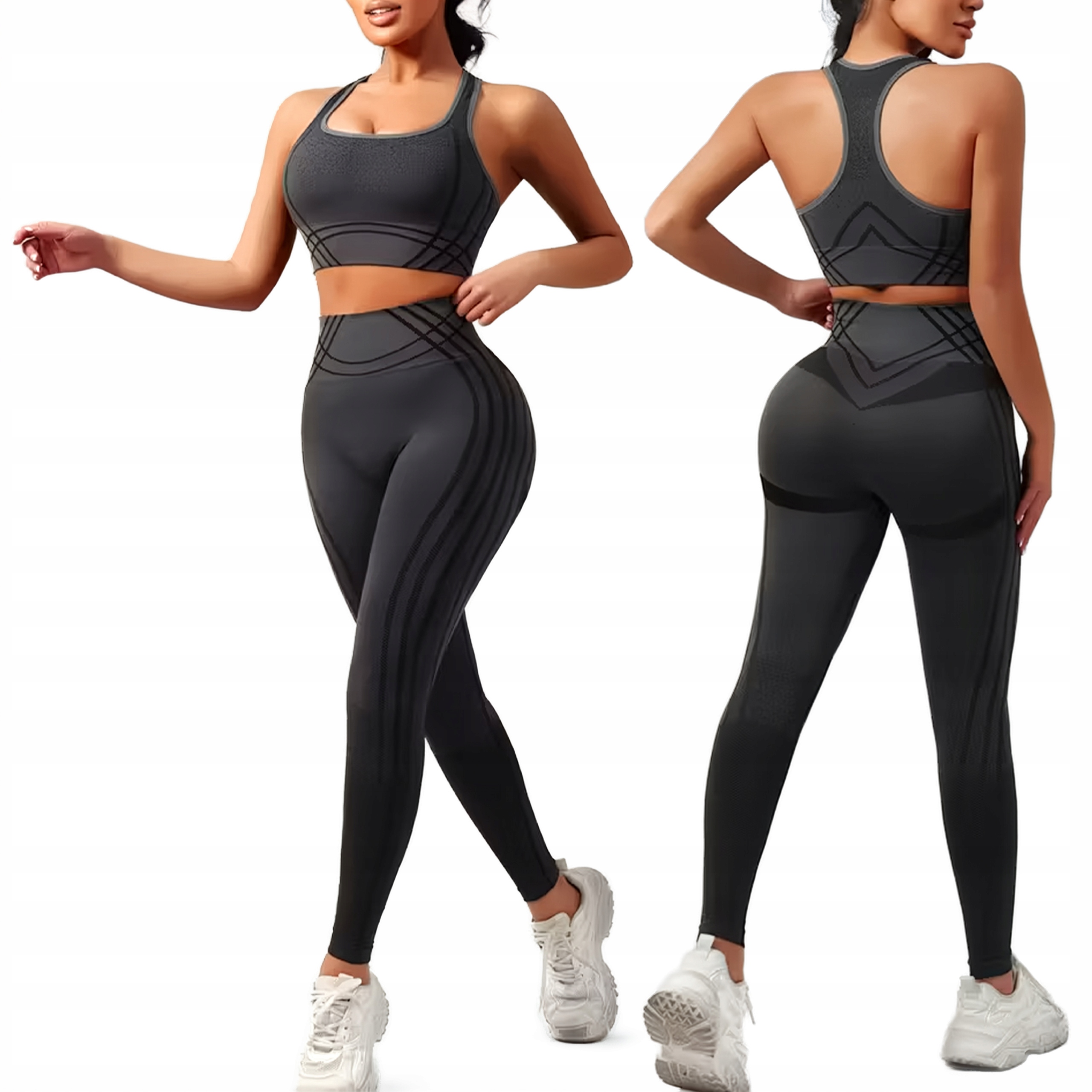 Komplet Sportowy do Jogi Treningowy Fitness Legginsy i Top Czarny L