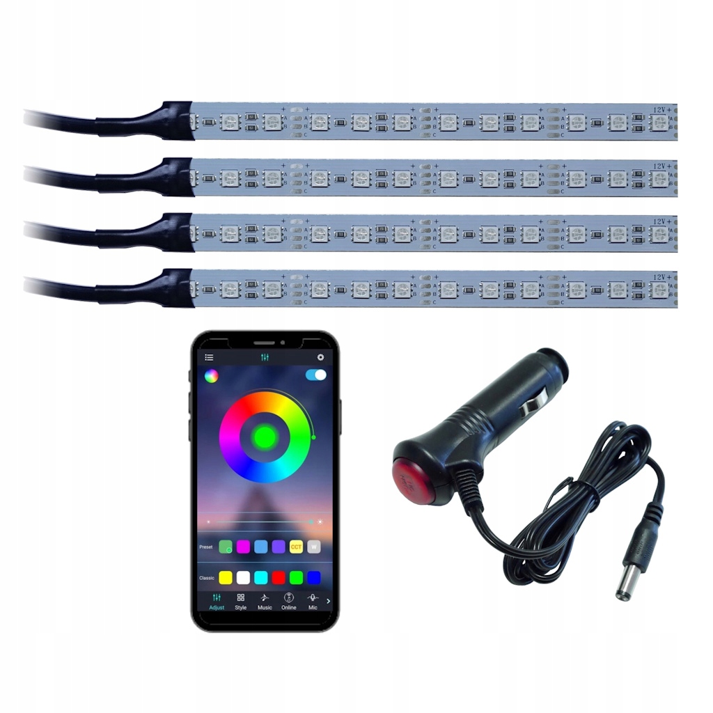 Led interiér kabiny auta Rgb 4x20 cm Bluetooth