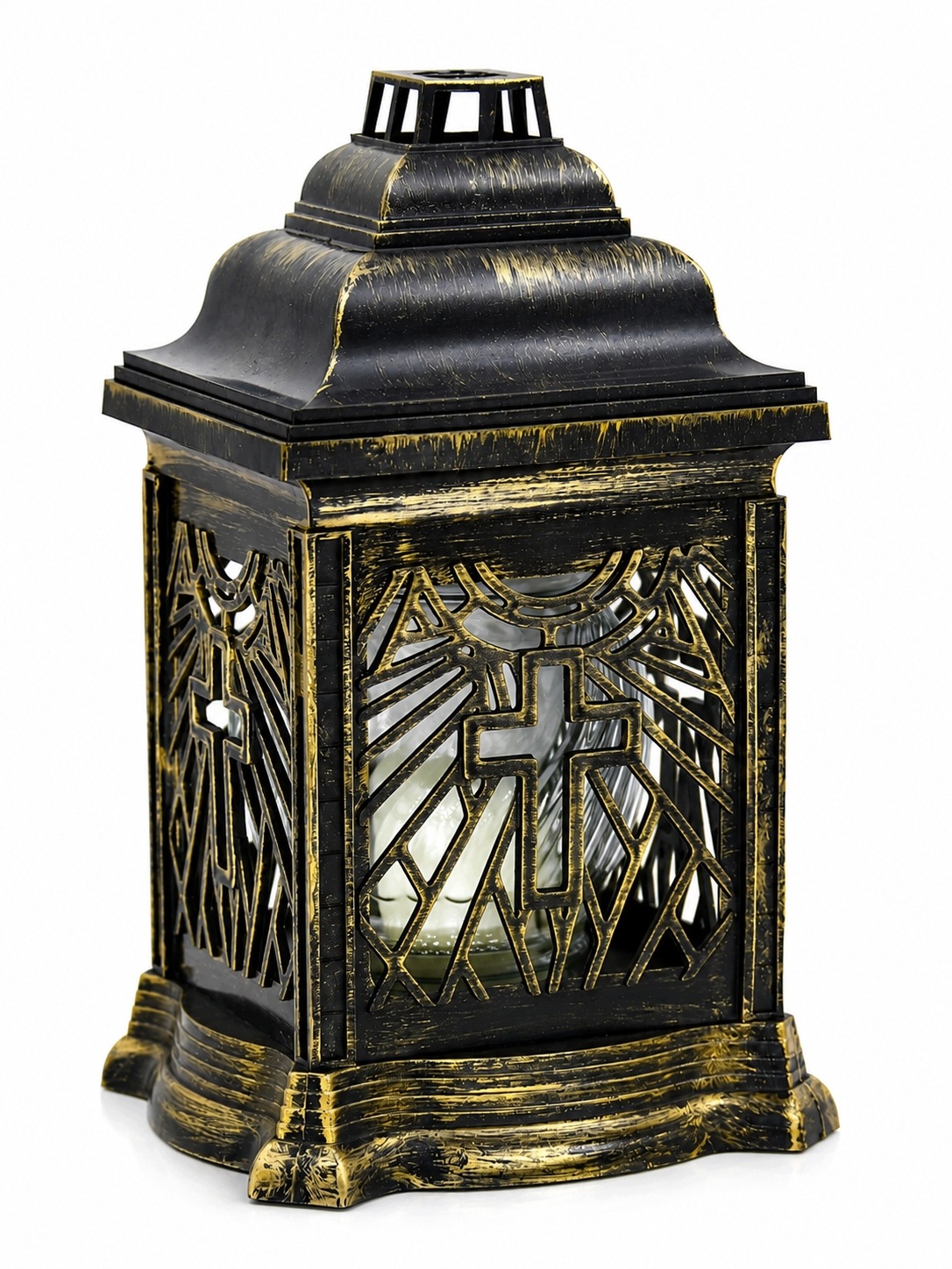 Znicz szklany ozdobny premium czarno-złoty, tradycyjny KRZYŻ 3 wys. 26 cm