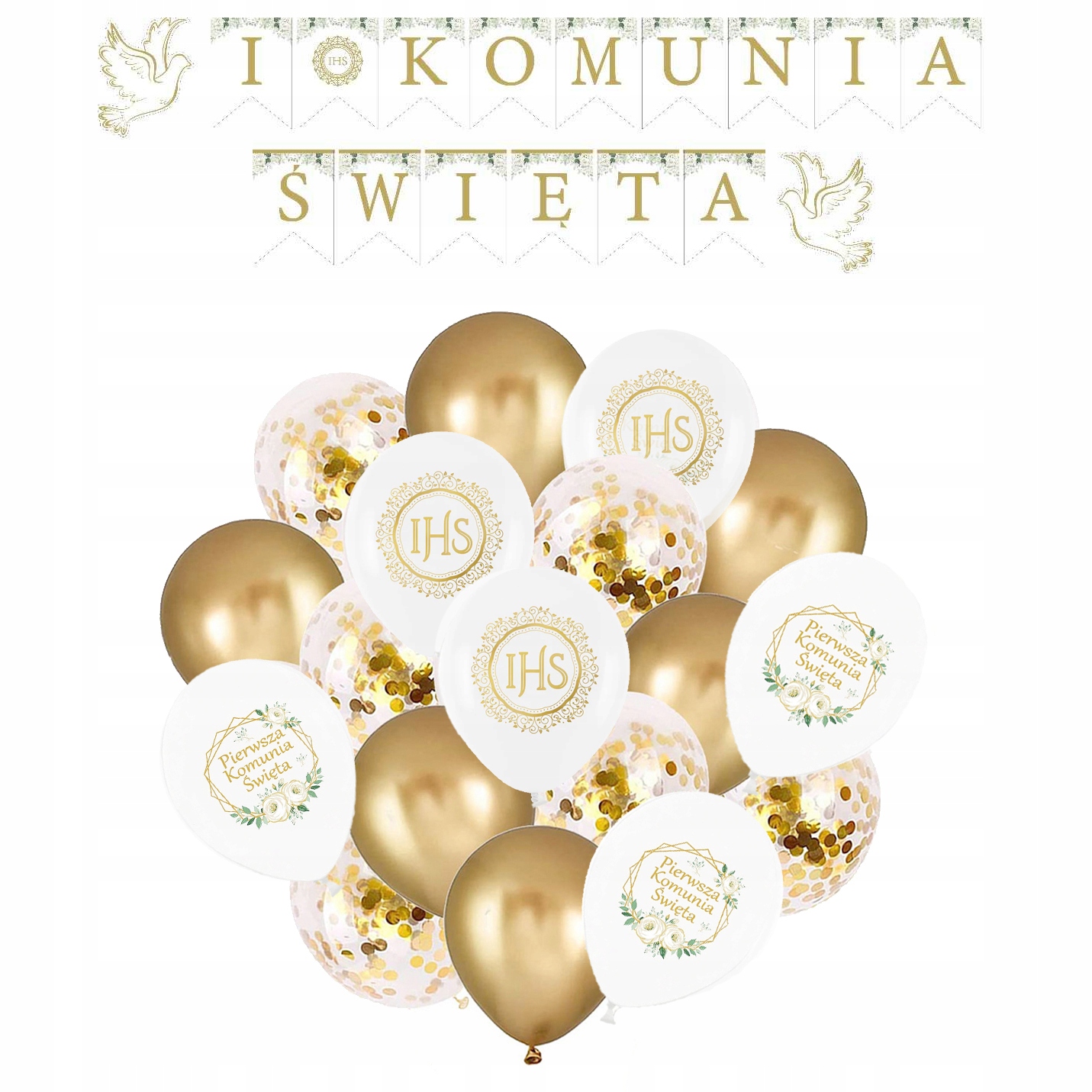 Zestaw KOMUNIA BALONY KOMUNIJNE BANER CHROMOWE