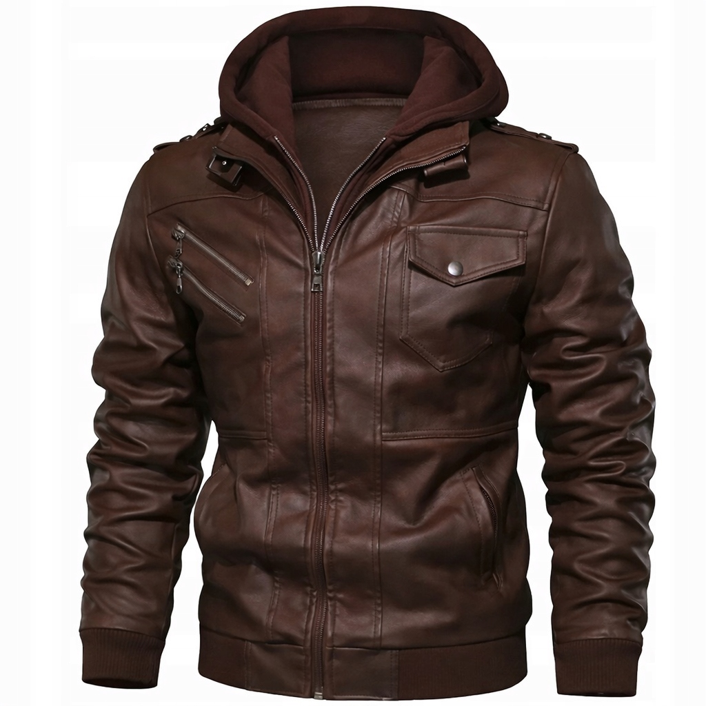 Kurtka męska z ekoskóry z kapturem ciepła jesienna wiosenna casual brązowa