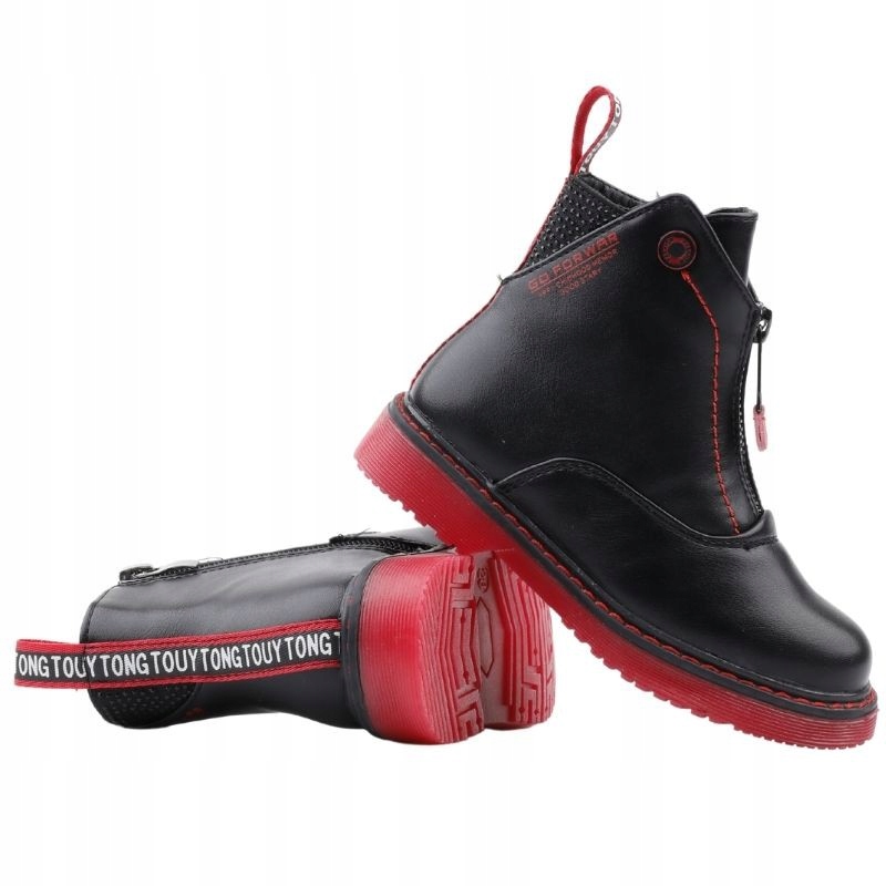 BOTKI DZIEWCZĘCE LEKKO OCIEPLANE NA PLAYFORMIE SUWAKI CZARNO CZERWONE