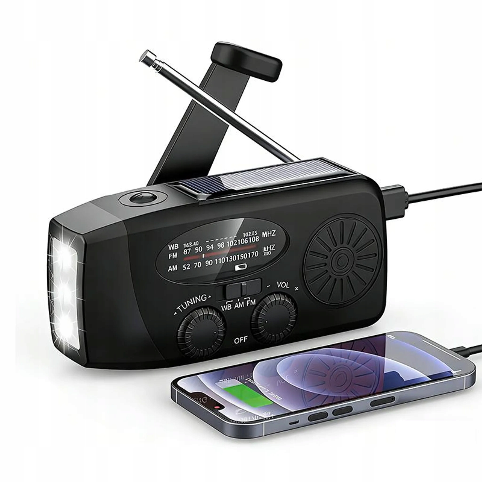 Przenośne Radio Solarne Korbka Alarm Dynamo 2000mAh Awaryjne Latarka