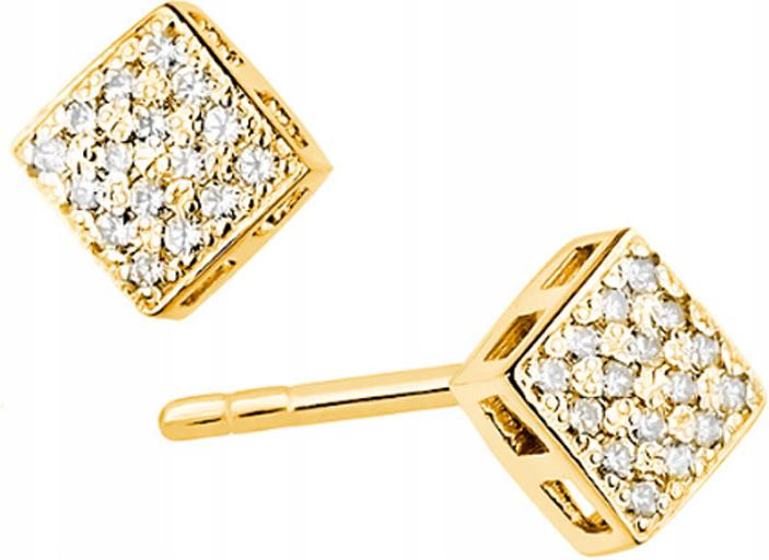 Zlaté náušnice 585, čtverečky s diamanty, puzety jako dárek 14k