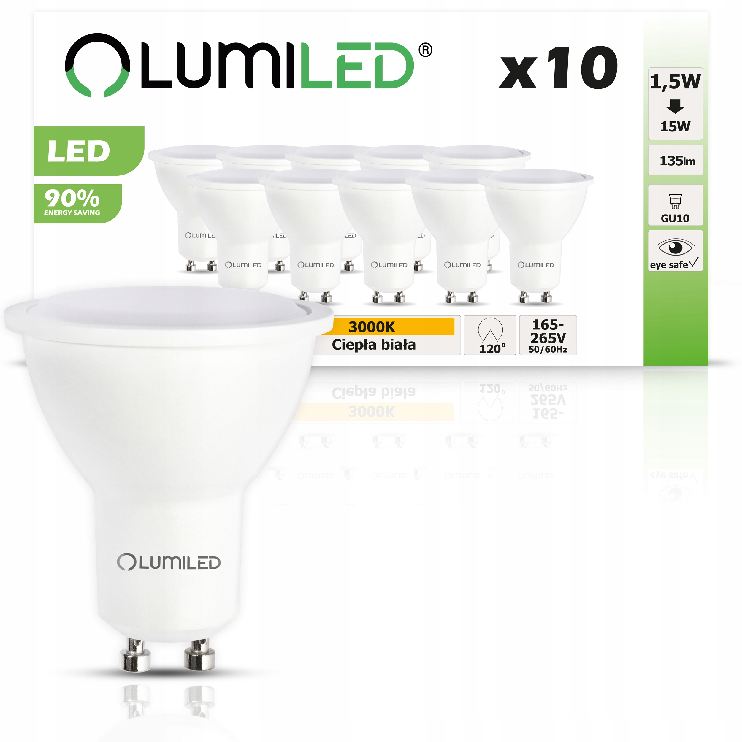 10x Żarówka LED GU10 1,5W = 15W 3000K Ciepła 120D Rodzaj gwintu GU10